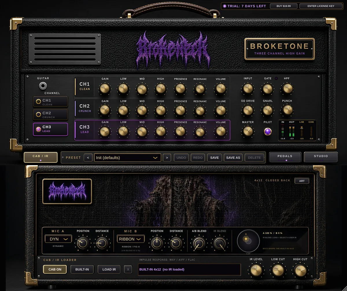 Broketone Cab / IR page with mic A, mic B, blend controls and the IR loader