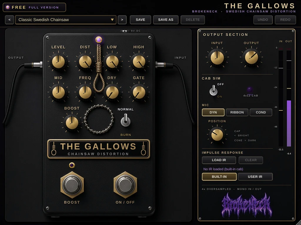 The Gallows plugin window: chainsaw distortion pedal with Level, Dist, Low, High, Mid, Freq, Dry and Gate knobs, plus the cab sim, mic and IR loader panel