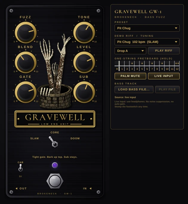Gravewell GW-1 plugin window: the bass fuzz pedal with Fuzz, Tone, Blend, Level, Gate and Sub knobs, a SLAM / CORE / DOOM switch and footswitch, next to the demo riff and fretboard panel