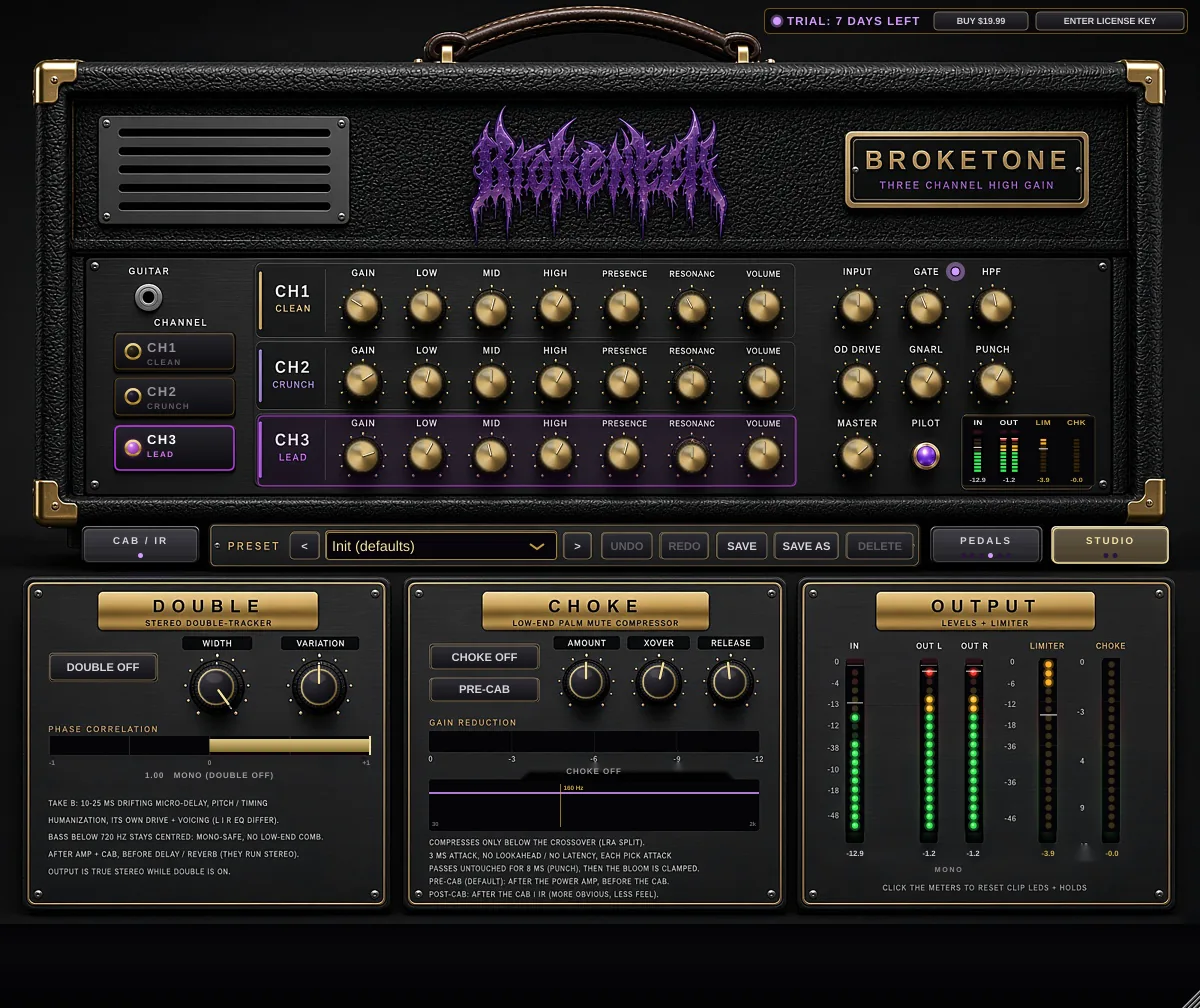 Broketone plugin window: three-channel amp head with DOUBLE, CHOKE and output meters on the Studio page
