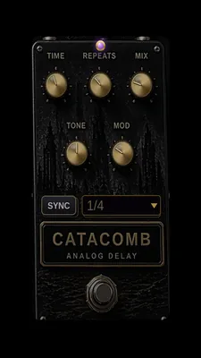 CATACOMB stompbox: brass knobs and a tempo-sync selector under crypt spires