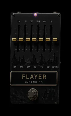 FLAYER stompbox: six gold faders on a black and purple enclosure