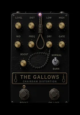THE GALLOWS stompbox: brass knobs, a Normal / Burn switch and two footswitches over a noose and chain