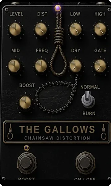 The Gallows stompbox with brass knobs over a noose and chain