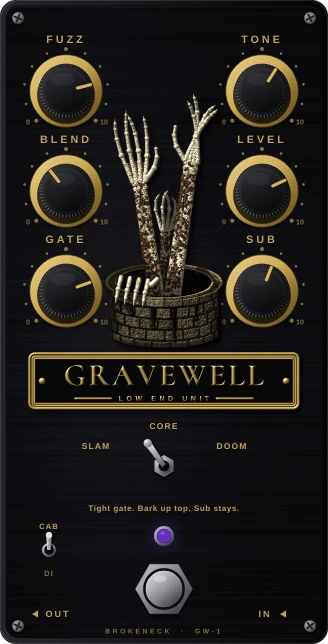 Gravewell GW-1 bass fuzz stompbox: six gold knobs around a stone well with skeleton arms, a SLAM / CORE / DOOM switch and a purple LED