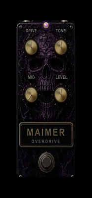 MAIMER stompbox: brass knobs over a sculpted skull